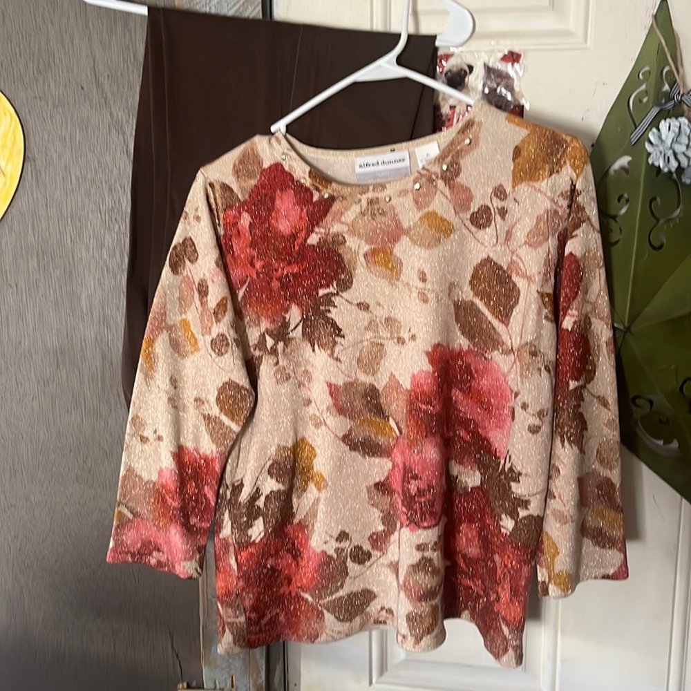 Women’s white sag brown pants size 12 and a beautiful floral top size PL.